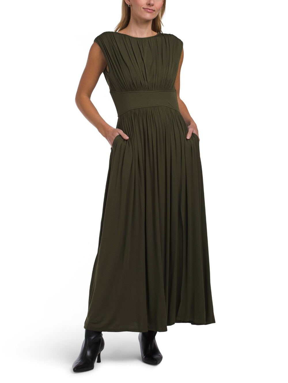 Taylor Olive Green Pleated Maxi Dress with Pockets NWT